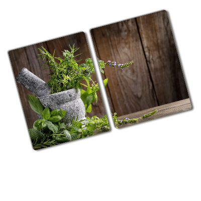 Chopping board Herbs in a mortar