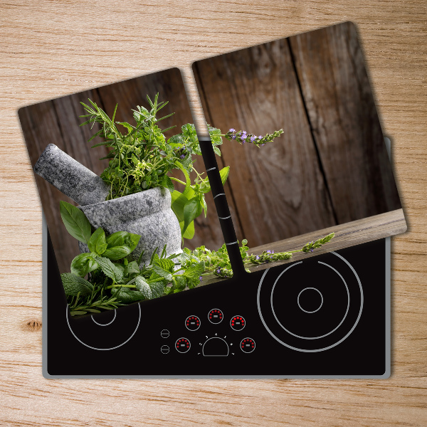 Chopping board Herbs in a mortar