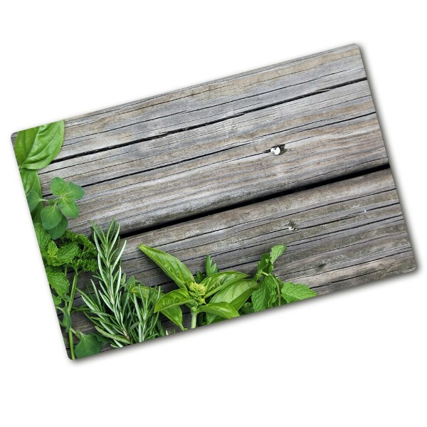 Chopping board Wooden background herbs