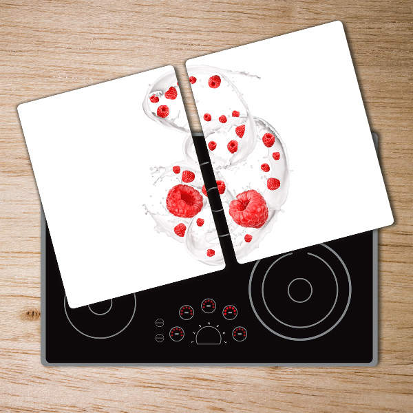 Chopping board glass Raspberries with milk