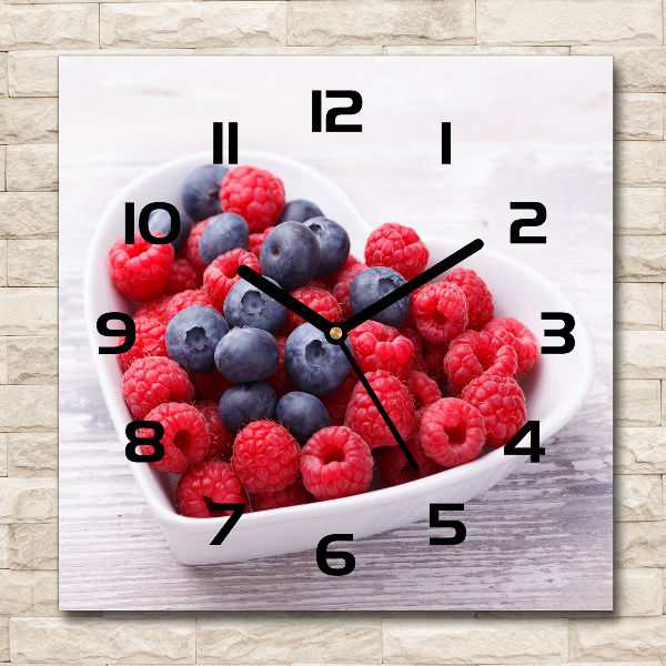 Square glass wall clock Raspberries and berries