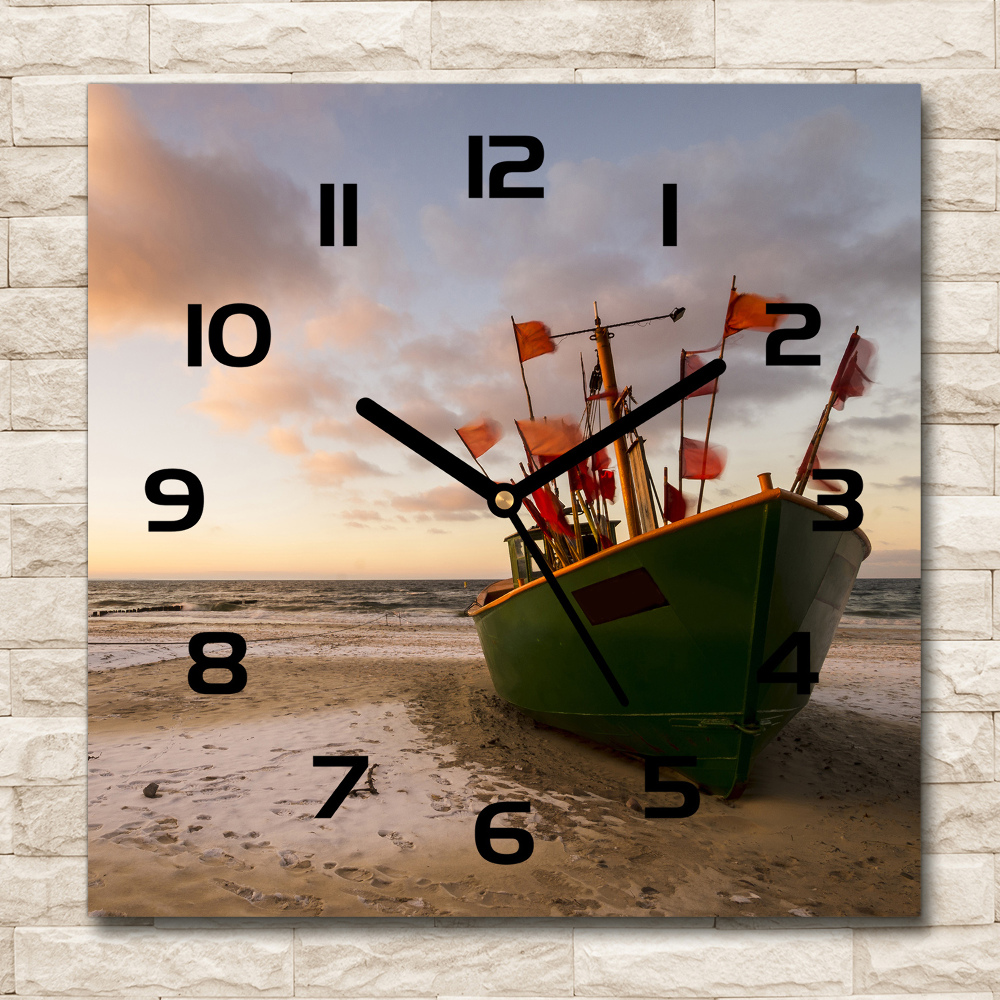 Square wall clock Fishing boat beach