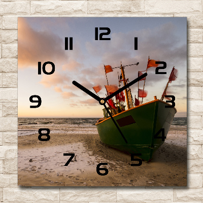 Square wall clock Fishing boat beach