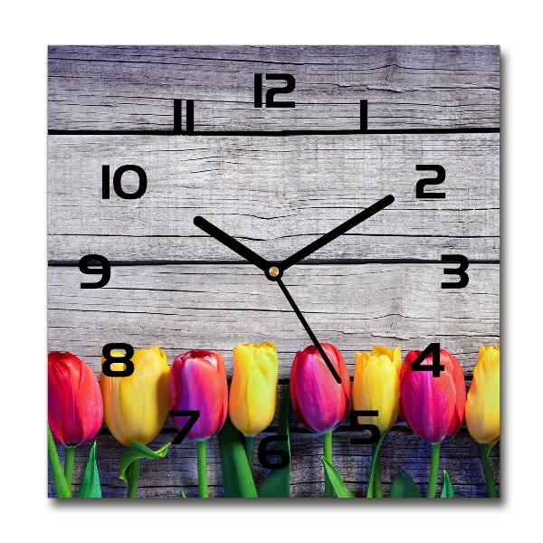 Square kitchen clock Tulips on wood