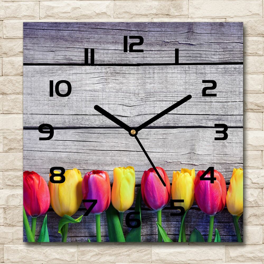 Square kitchen clock Tulips on wood