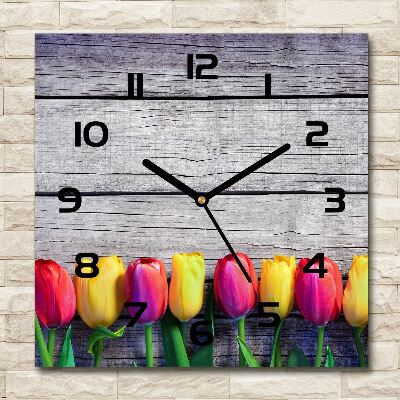 Square kitchen clock Tulips on wood