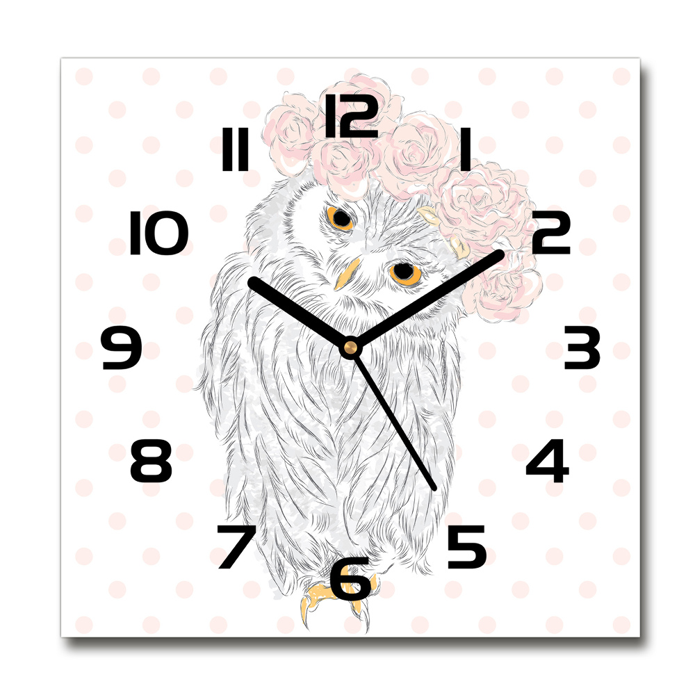 Square glass wall clock Owl in a wreath