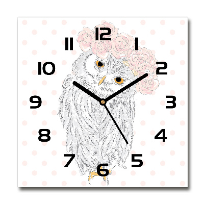 Square glass wall clock Owl in a wreath