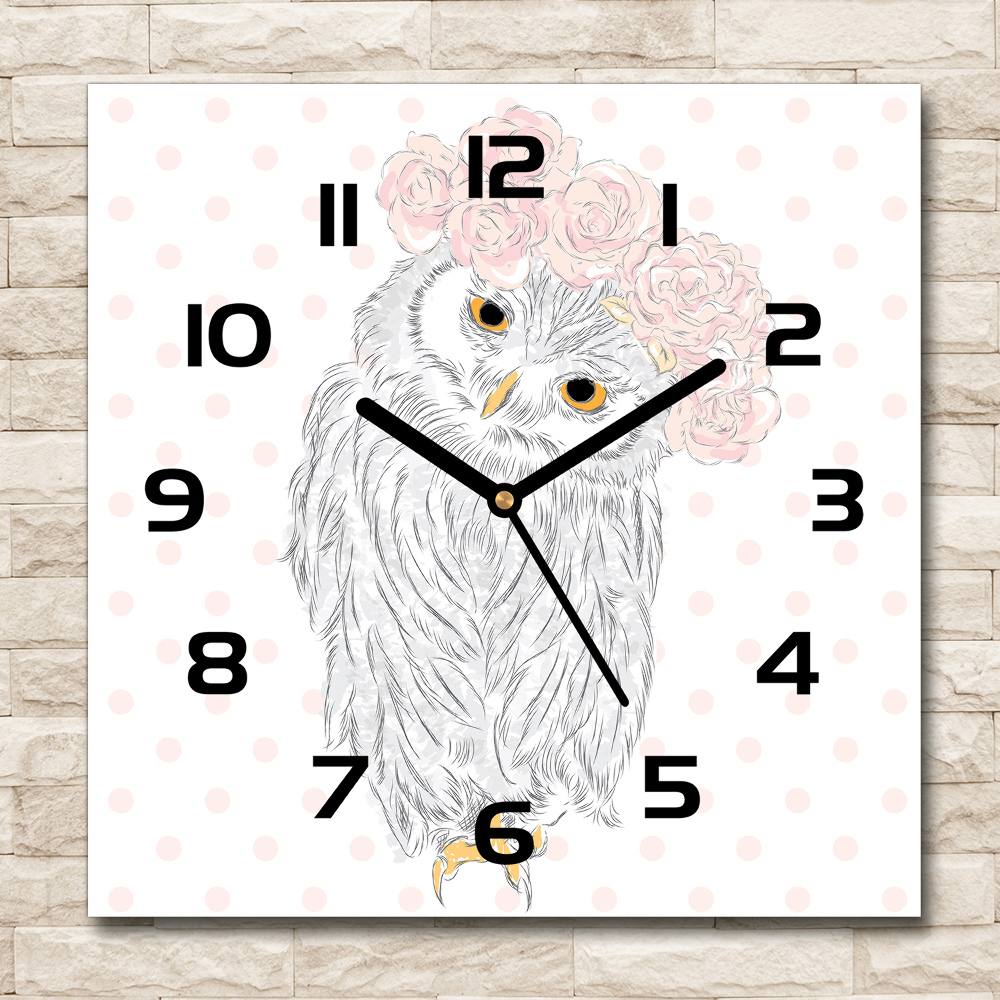 Square glass wall clock Owl in a wreath