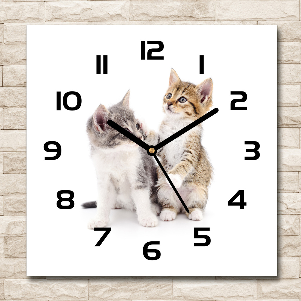 Square glass wall clock Two little cats