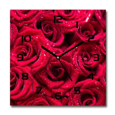 Square glass wall clock Drops on roses