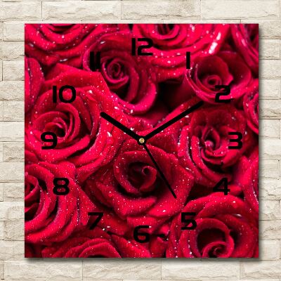 Square glass wall clock Drops on roses