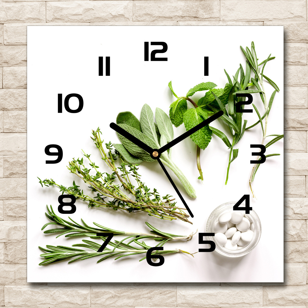 Square glass wall clock Herbs