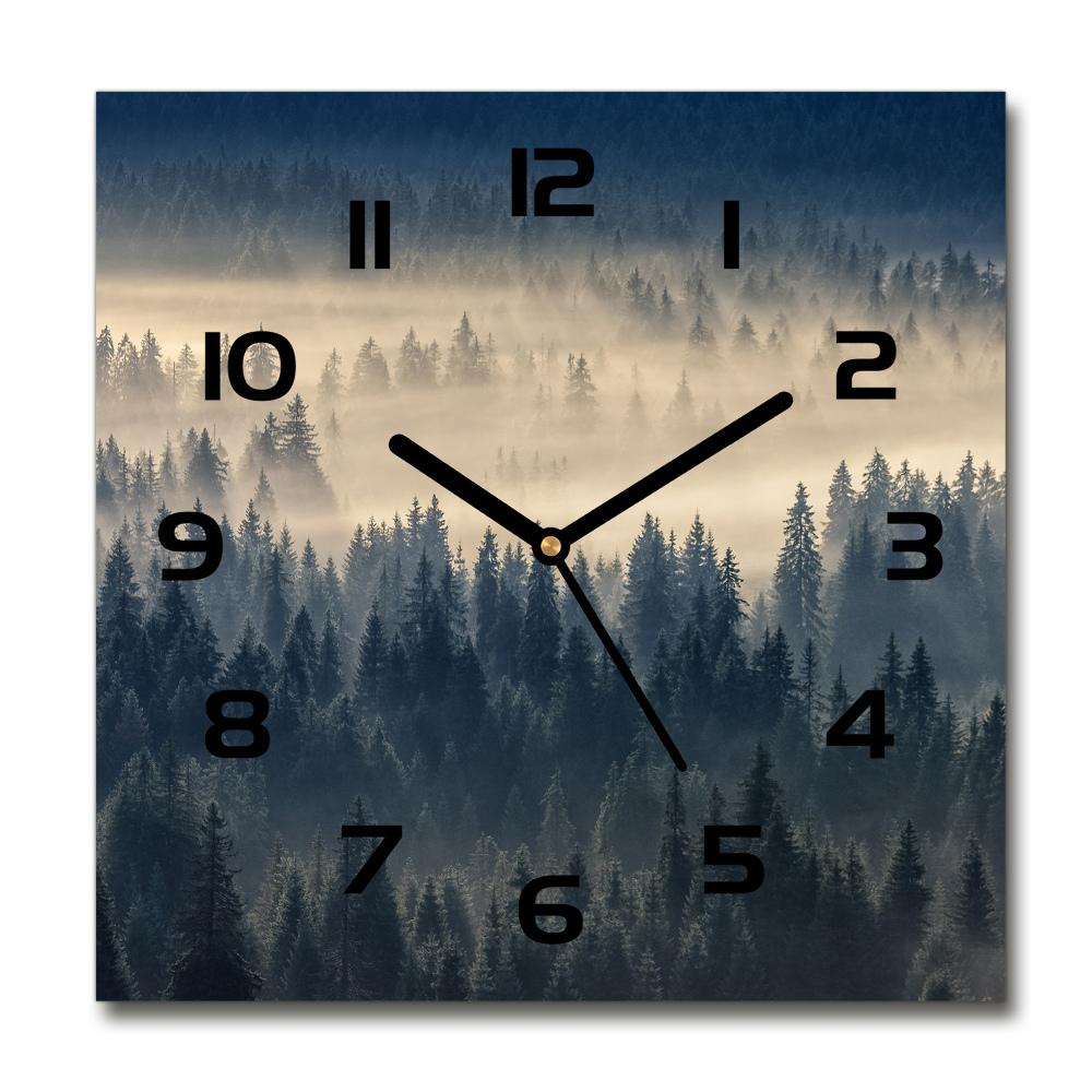 Square glass wall clock Fog over the forest