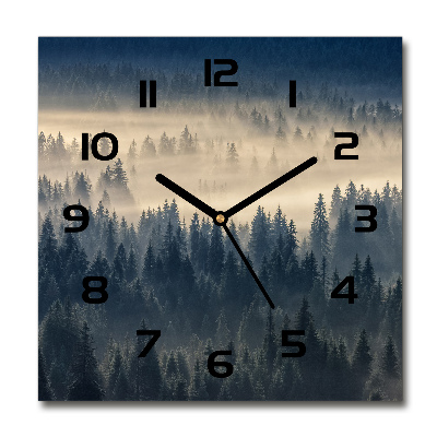 Square glass wall clock Fog over the forest