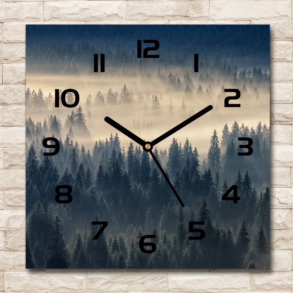 Square glass wall clock Fog over the forest