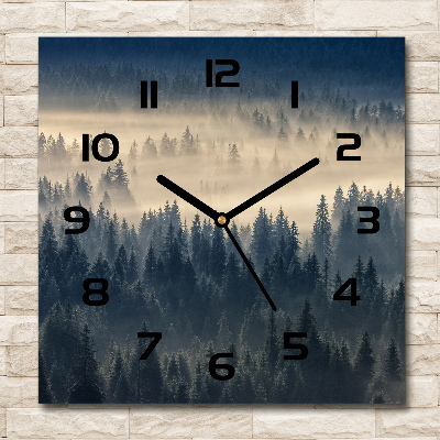 Square glass wall clock Fog over the forest