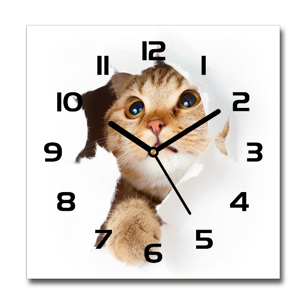 Square glass wall clock Cat in a hole