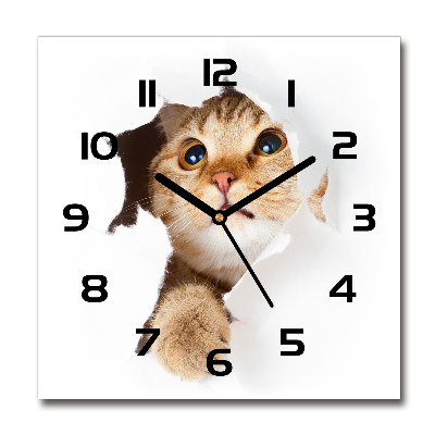 Square glass wall clock Cat in a hole