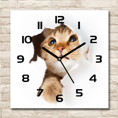 Square glass wall clock Cat in a hole