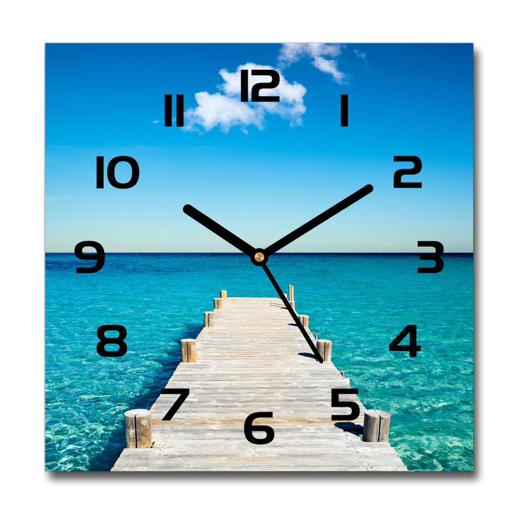 Square glass wall clock Wooden pier