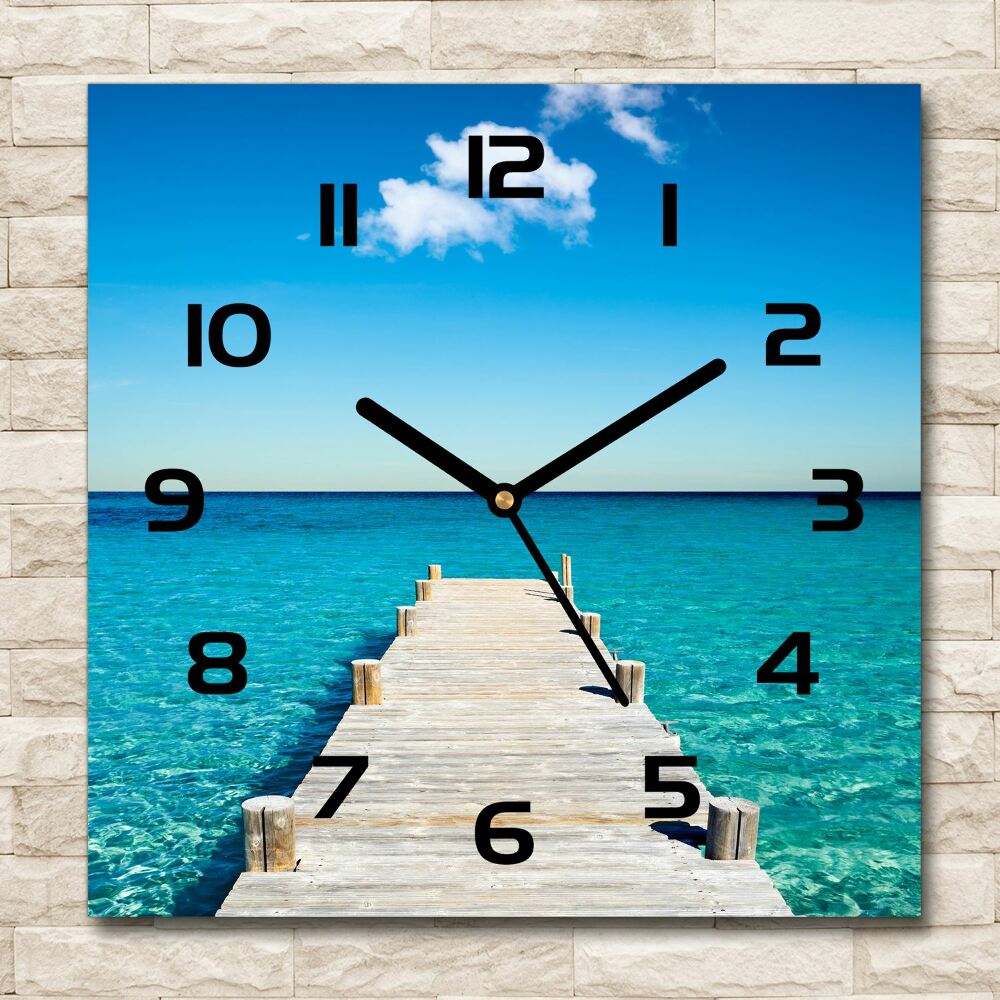 Square glass wall clock Wooden pier