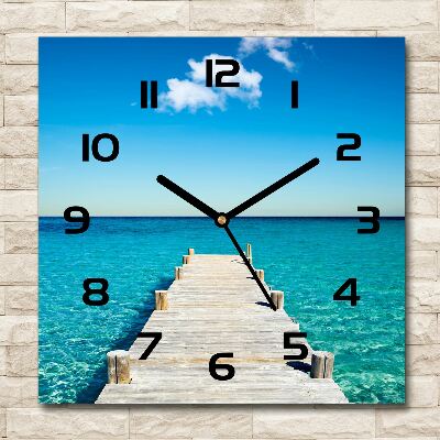 Square glass wall clock Wooden pier