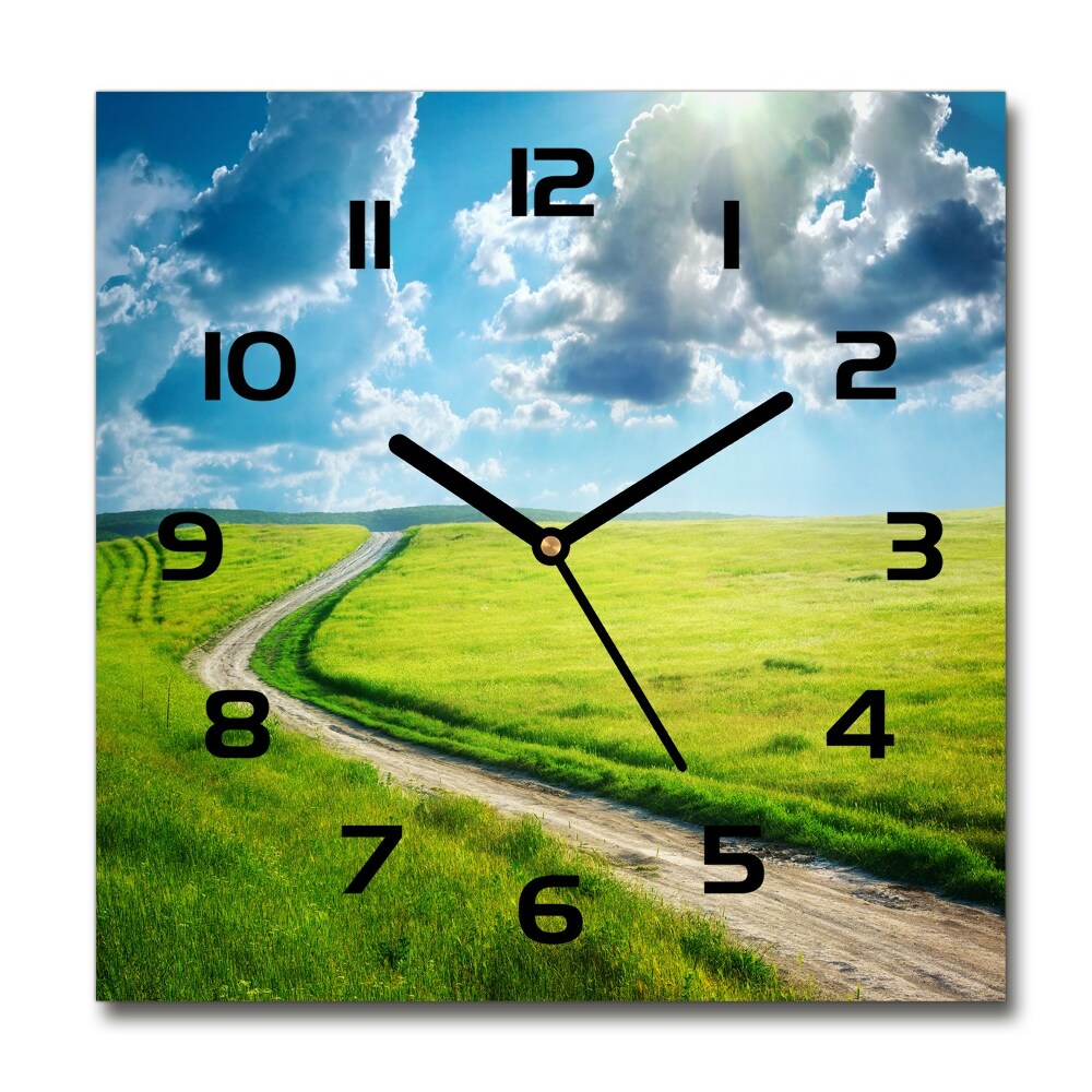 Square glass wall clock Path in the meadow