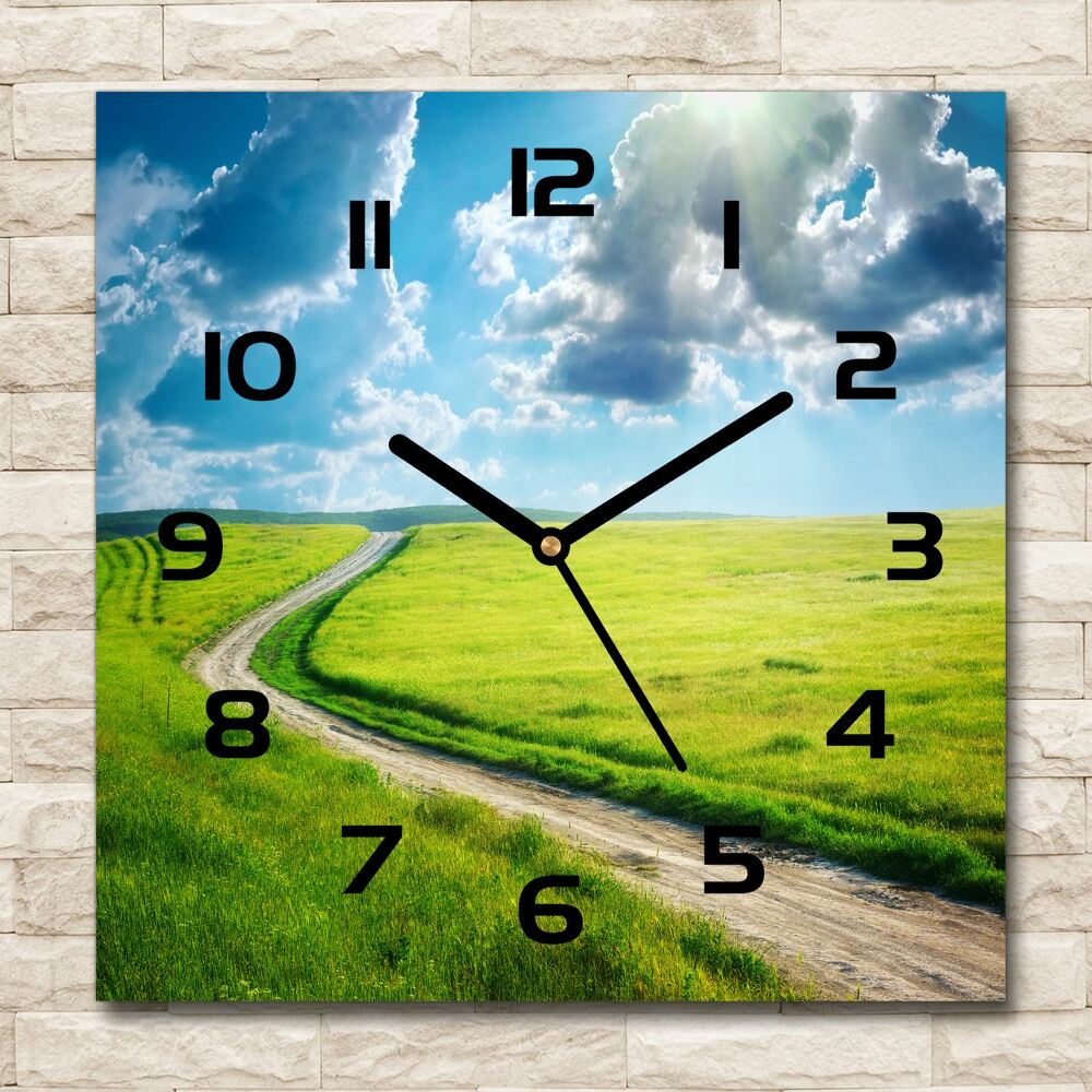 Square glass wall clock Path in the meadow