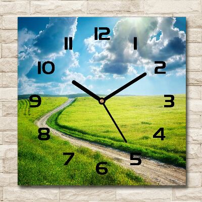 Square glass wall clock Path in the meadow