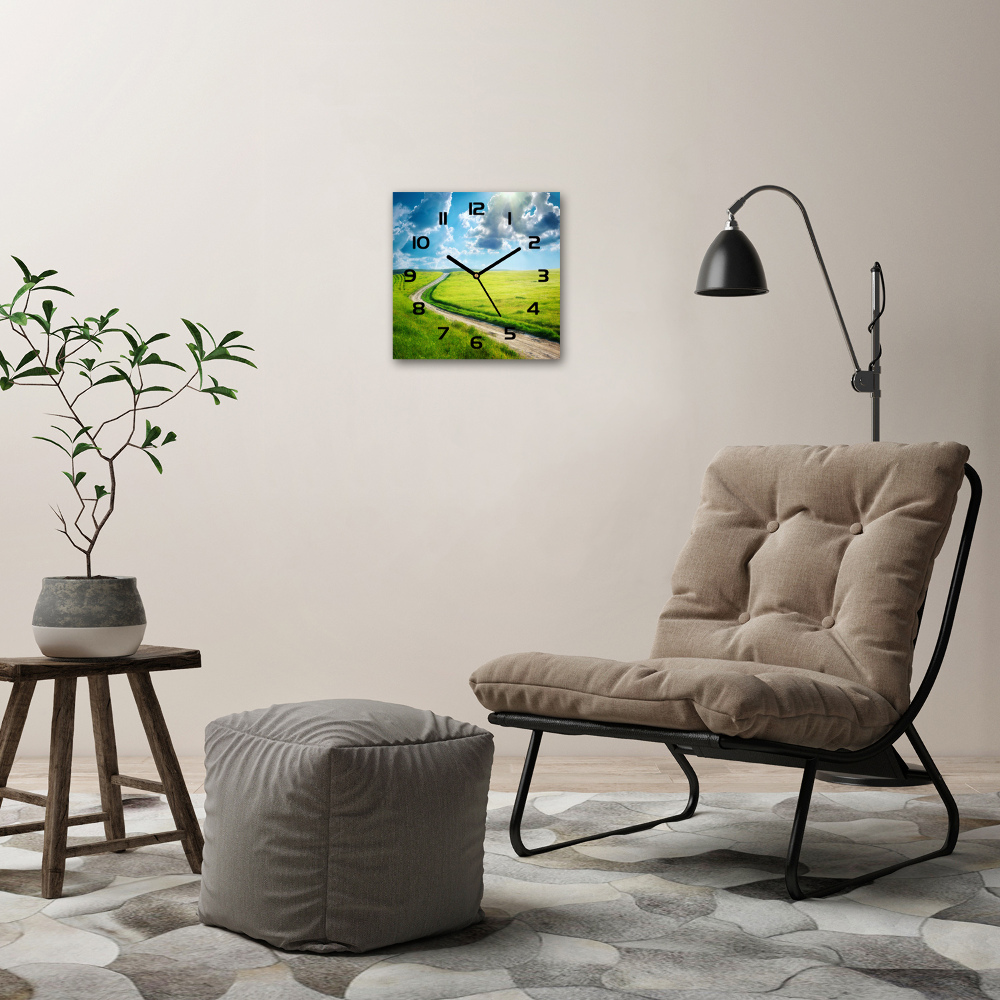 Square glass wall clock Path in the meadow