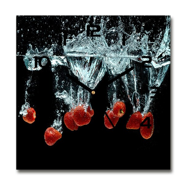 Square glass wall clock Strawberries under water