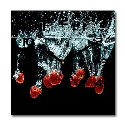 Square glass wall clock Strawberries under water