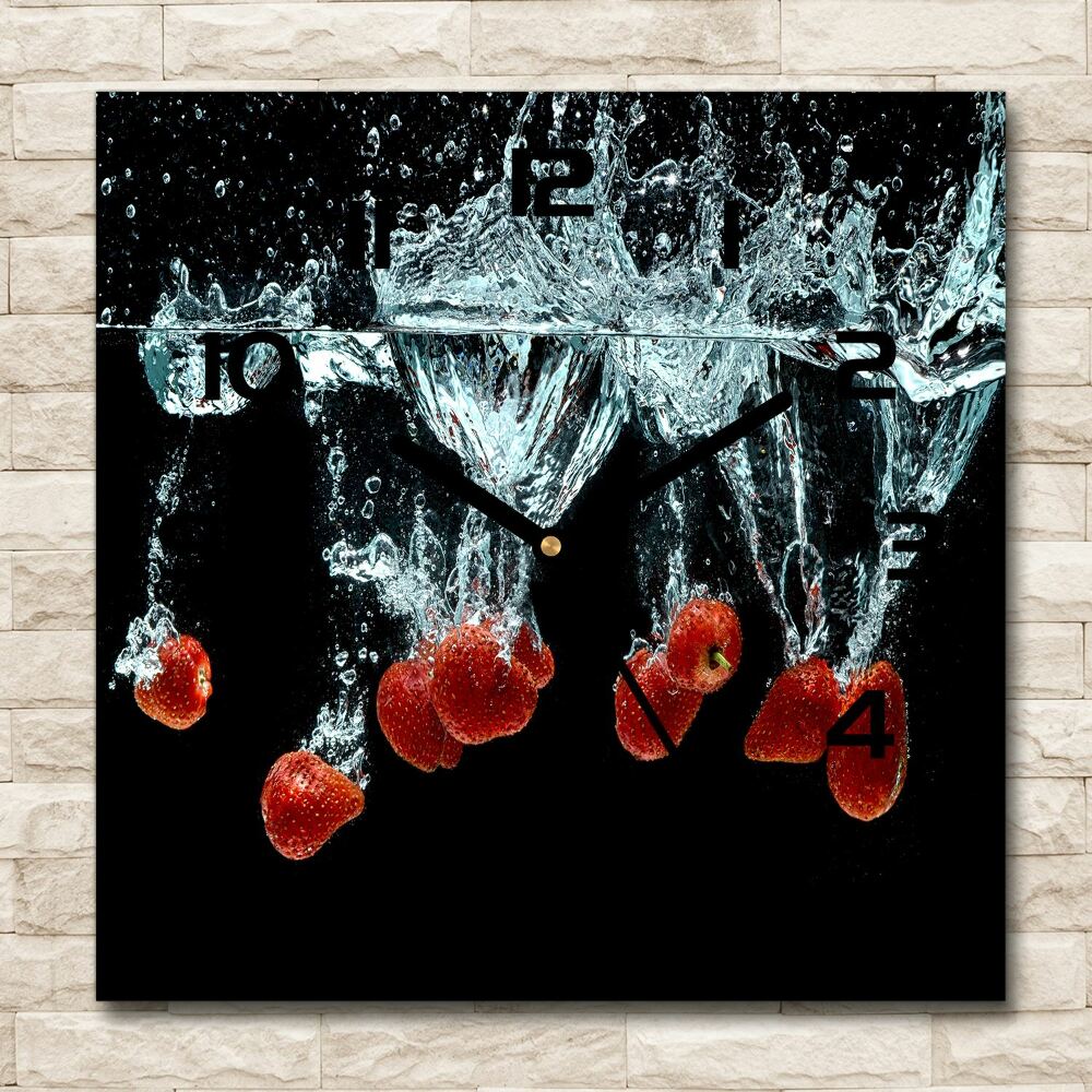 Square glass wall clock Strawberries under water