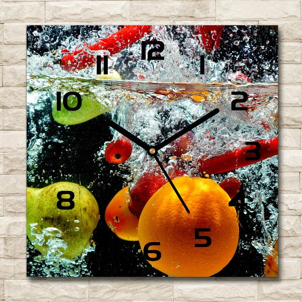 Square glass wall clock Fruit underwater