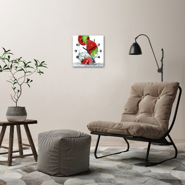 Square glass clock Strawberries and water