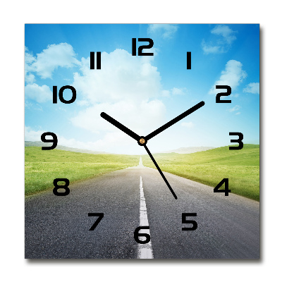 Square glass wall clock Road through the meadow