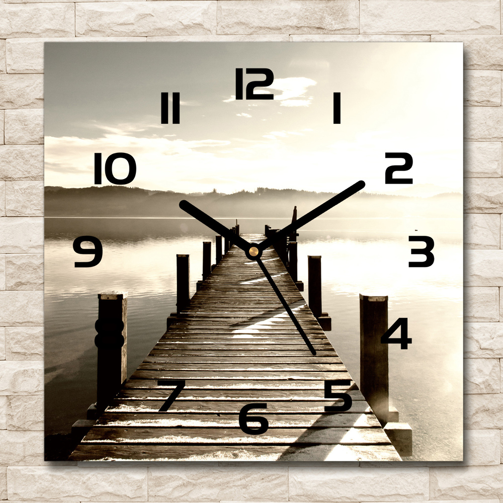 Square glass wall clock Wooden pier