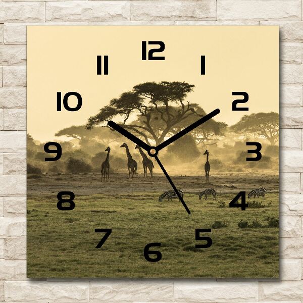 Square glass wall clock Giraffes in the savanna