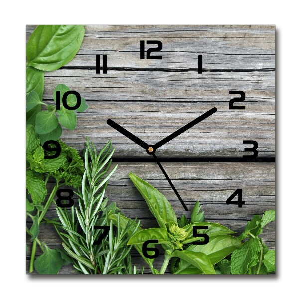 Square kitchen clock Wooden background herbs