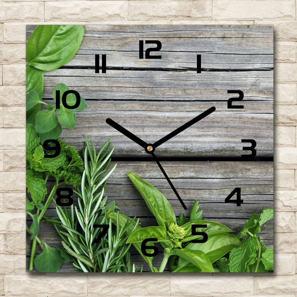 Square kitchen clock Wooden background herbs