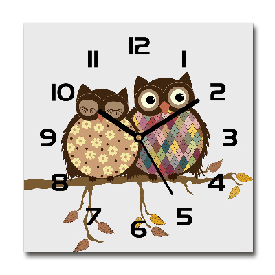 Square glass wall clock Two owls on the branches