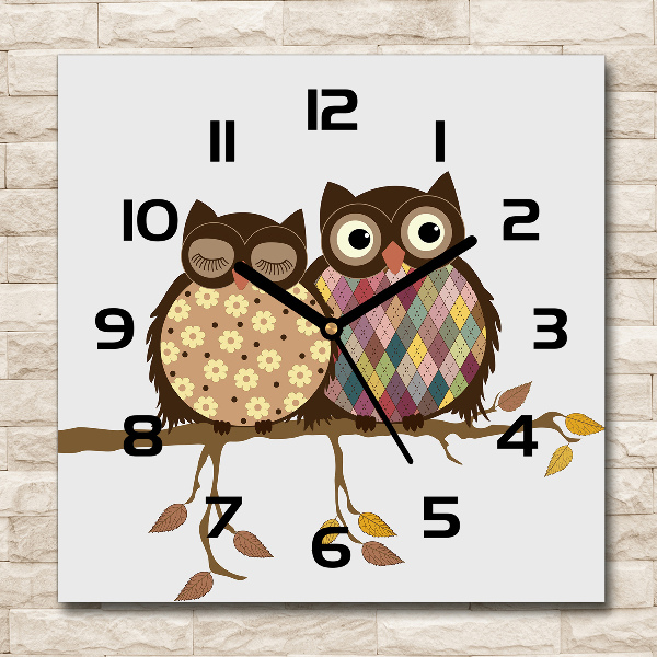 Square glass wall clock Two owls on the branches