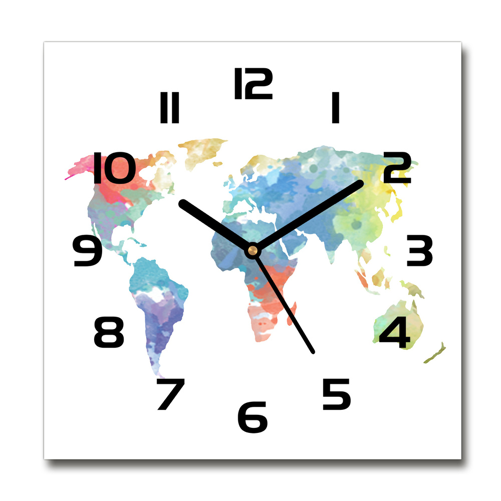 Square glass wall clock world map