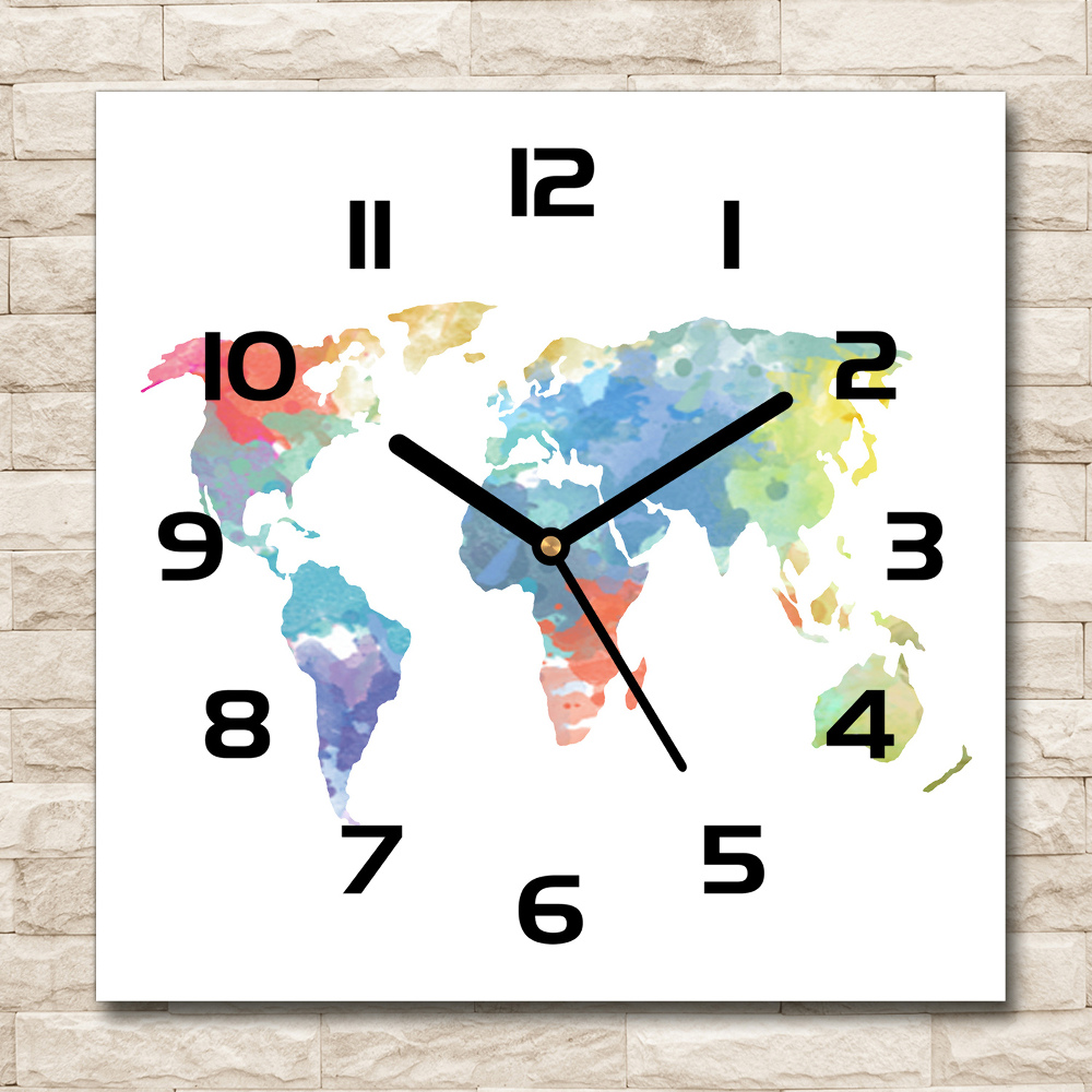 Square glass wall clock world map