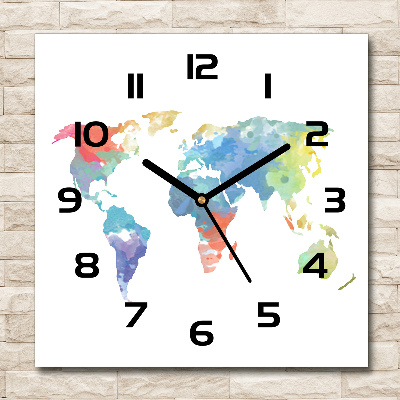 Square glass wall clock world map