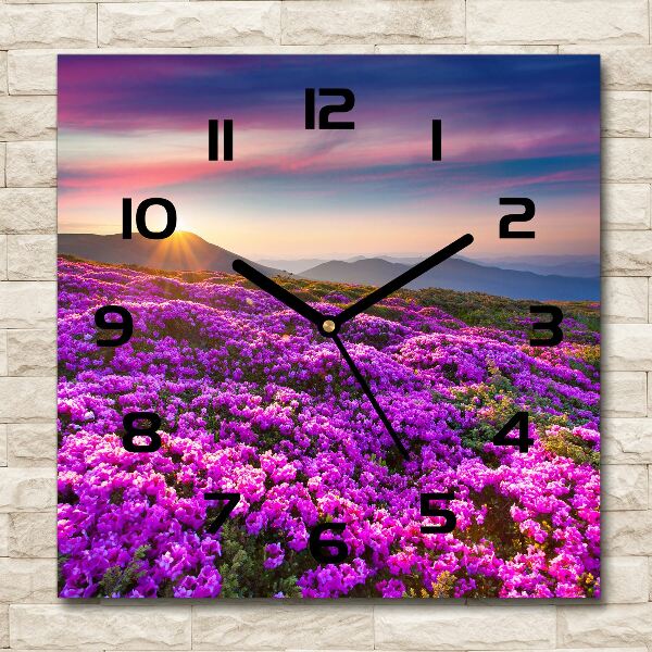 Square glass wall clock Flowers in the mountains