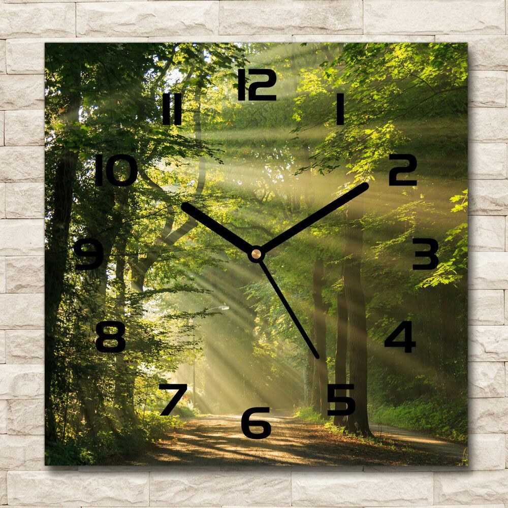 Square glass wall clock Forest in the sun