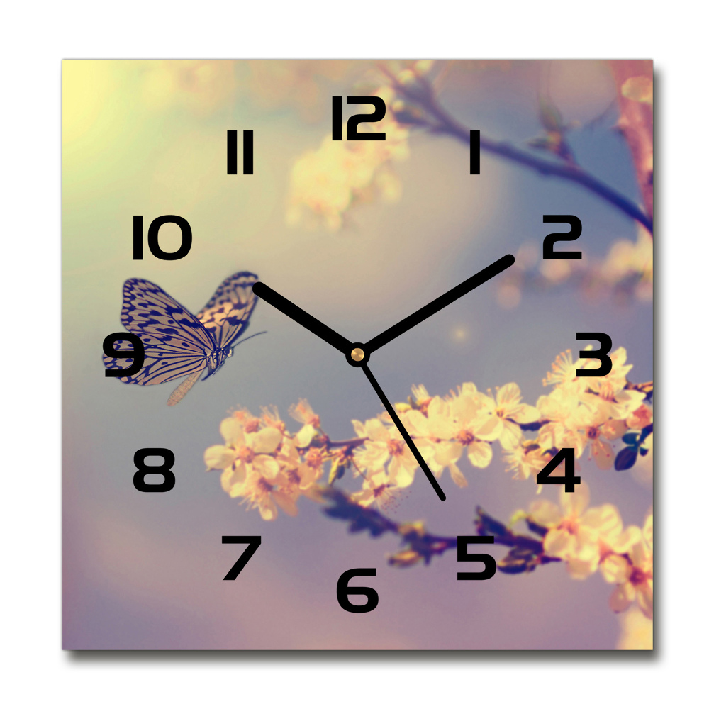 Square kitchen clock Cherry flower and butterfly