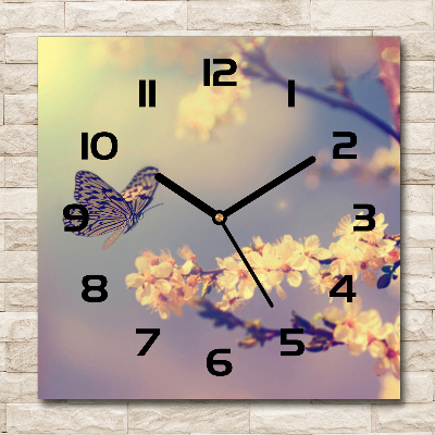 Square kitchen clock Cherry flower and butterfly